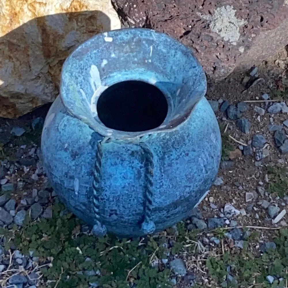Vintage Handmade Rustic Blue Green Vase with Rope Detail